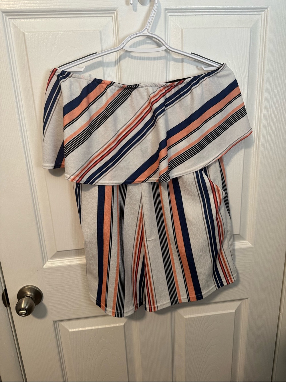 Off-Shoulder Stripe Ruffle Tunic in Navy and Peach